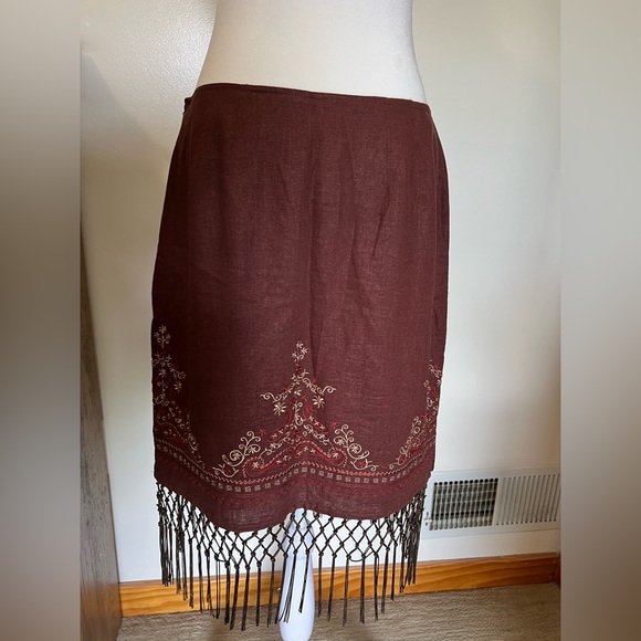 Vintage B.Moss Brown Linen Embroidered Fringe Skirt Size 8 - Picture 8 of 15